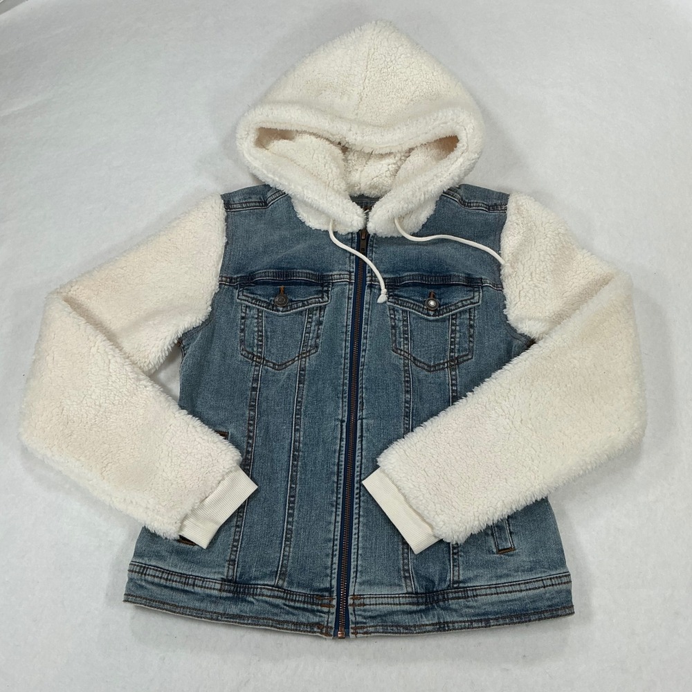 Maurices Womens Denim Faux Shearling Hooded Jacket Blue Cream Size S Mixed Media